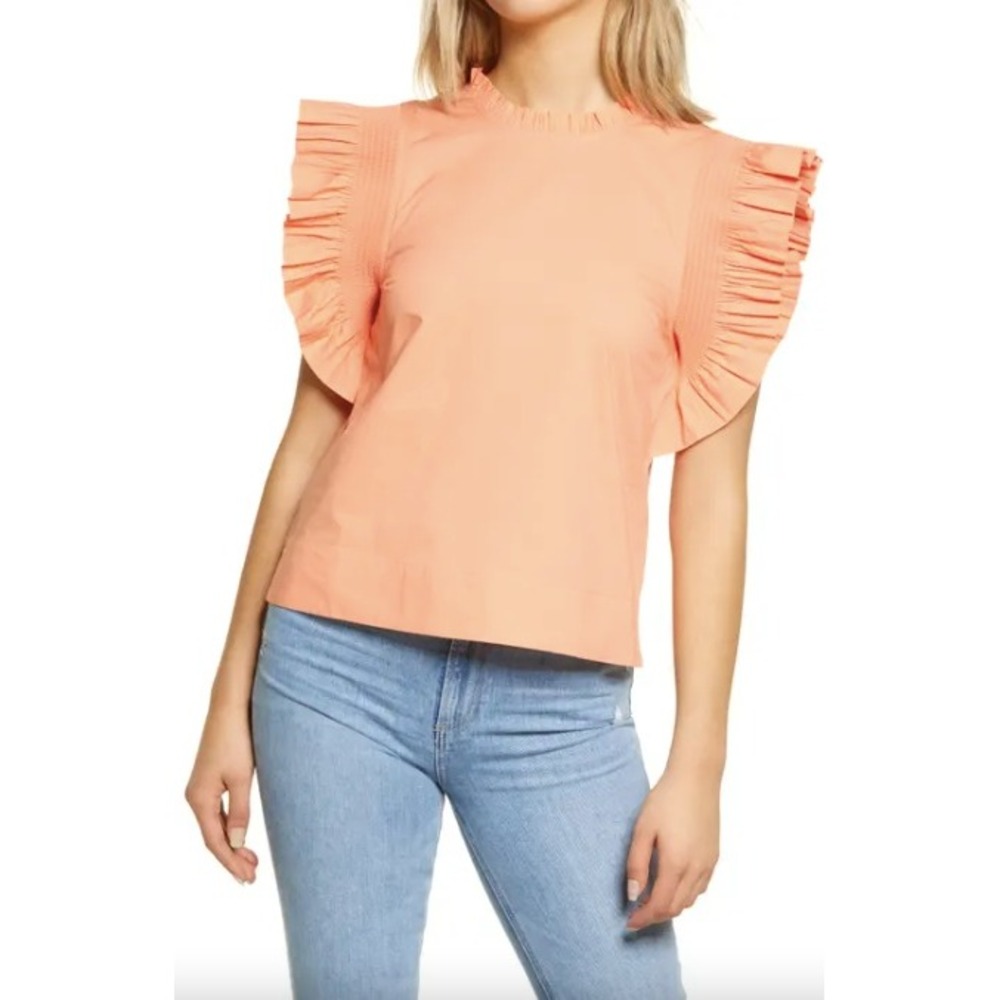 English Factory Peach Orange Ruffle Smocked Cotton Sleeveless Top | Size M